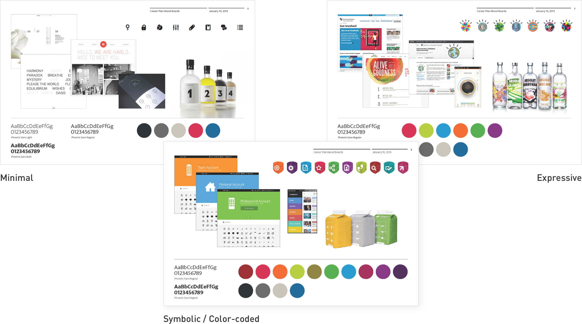 Three moodboards showing concept direction