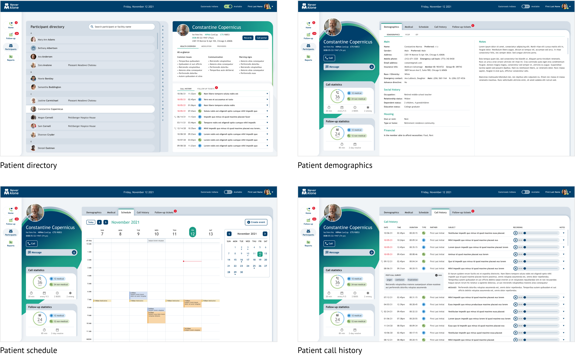 Prototype screens of patient directory and select patient pages