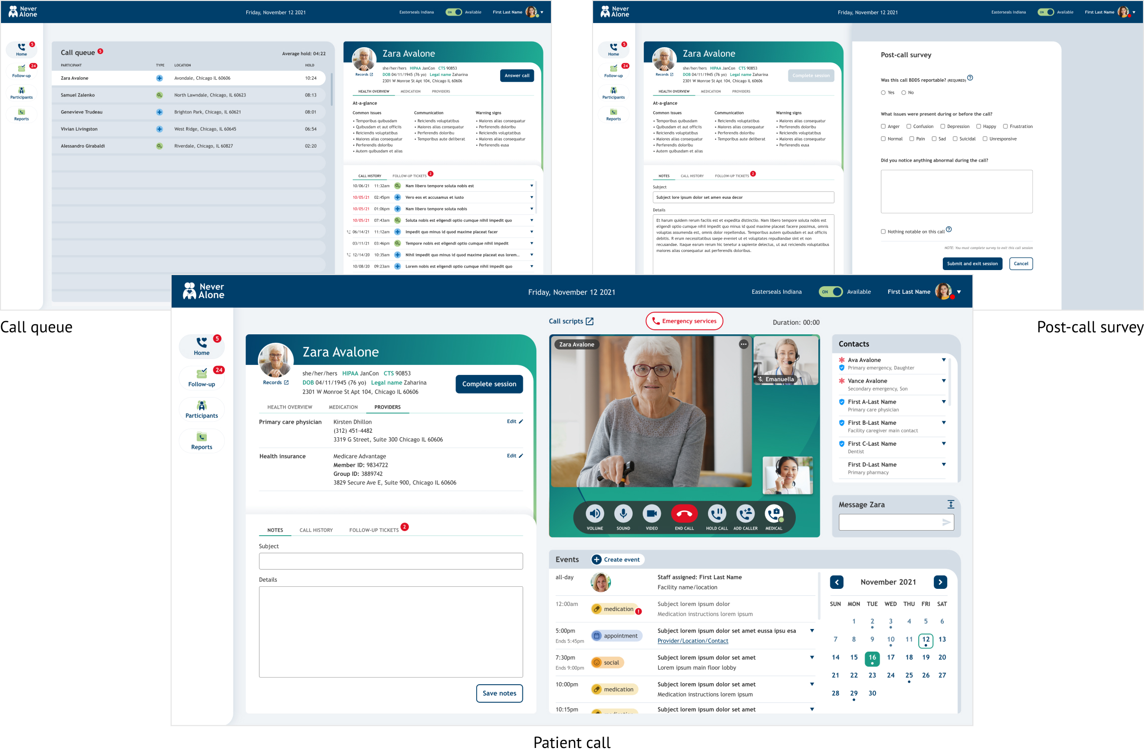 Prototype screens of call queue and patient call layout