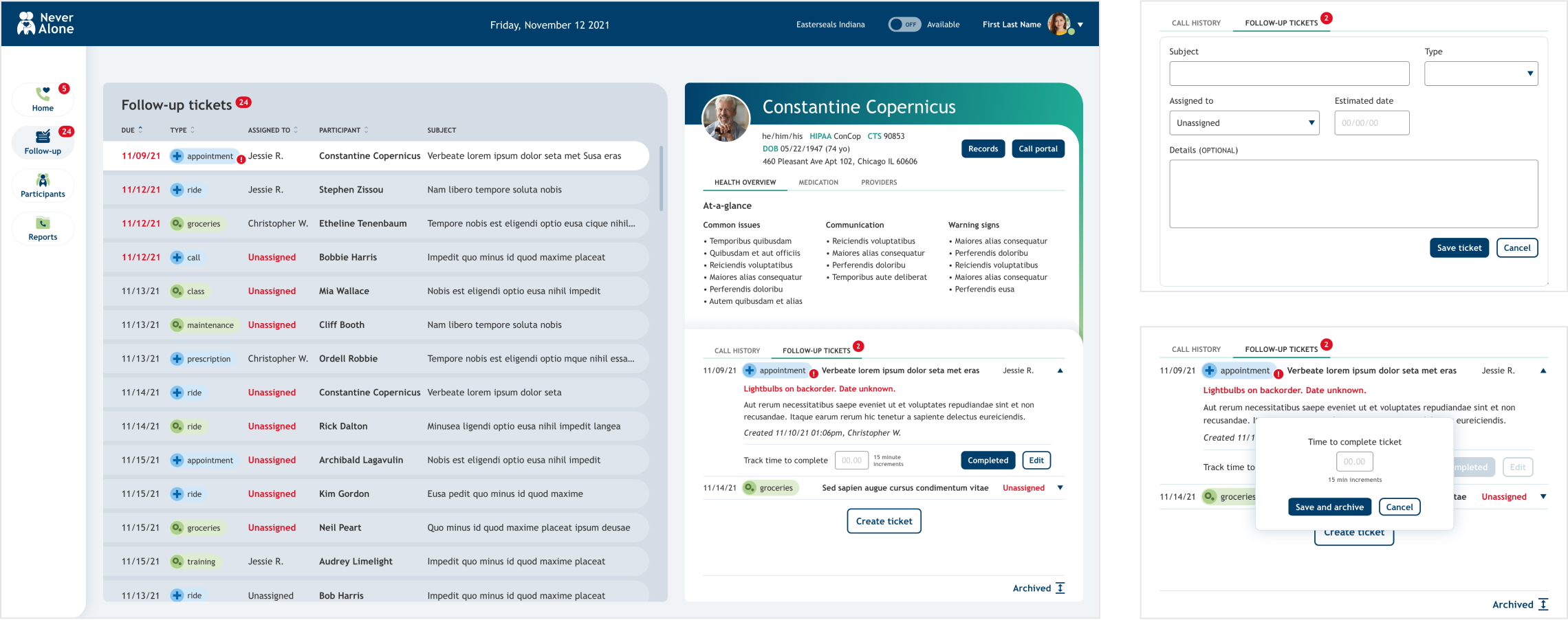 Prototype screens for ticket management and individual ticket highlights