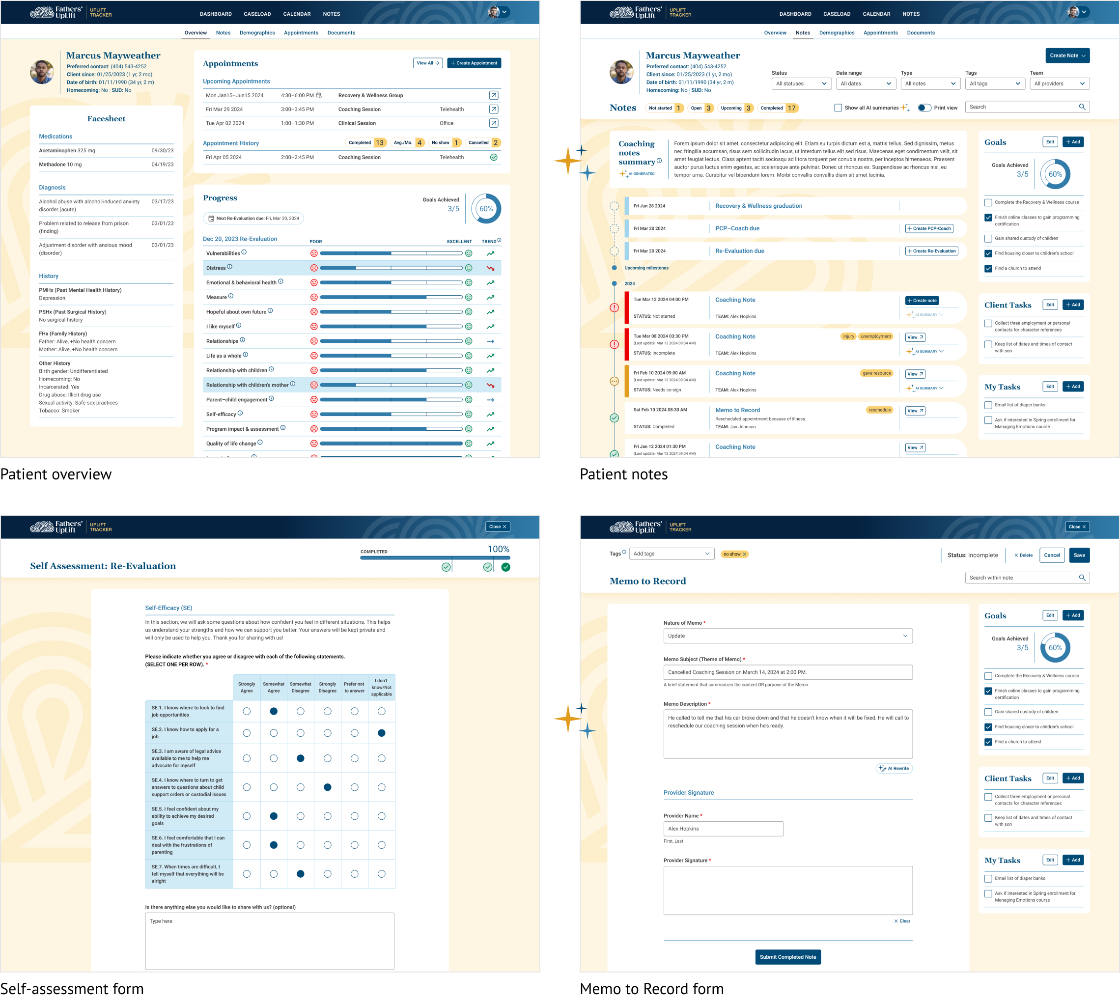 Select prototype screens showing the patient dashboard, notel timeline, and form pages