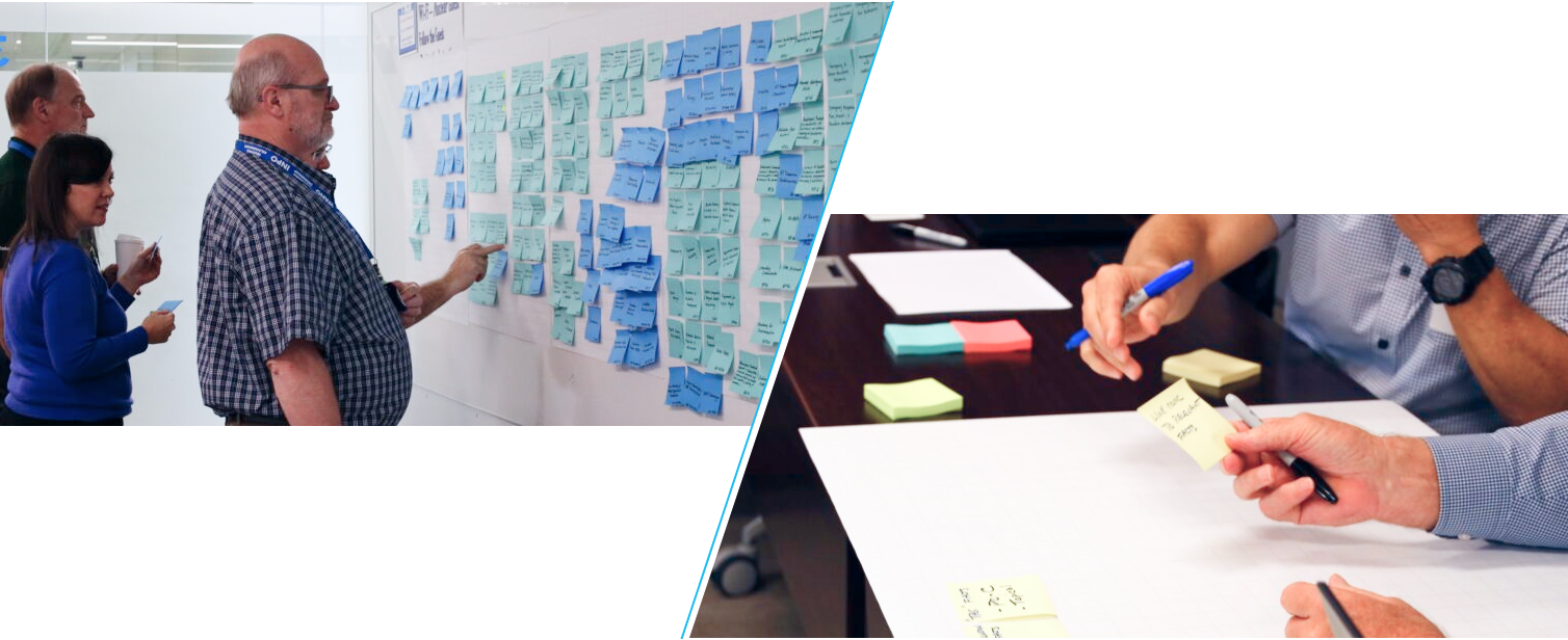 Groups of users engaging in research activities with sticky notes.