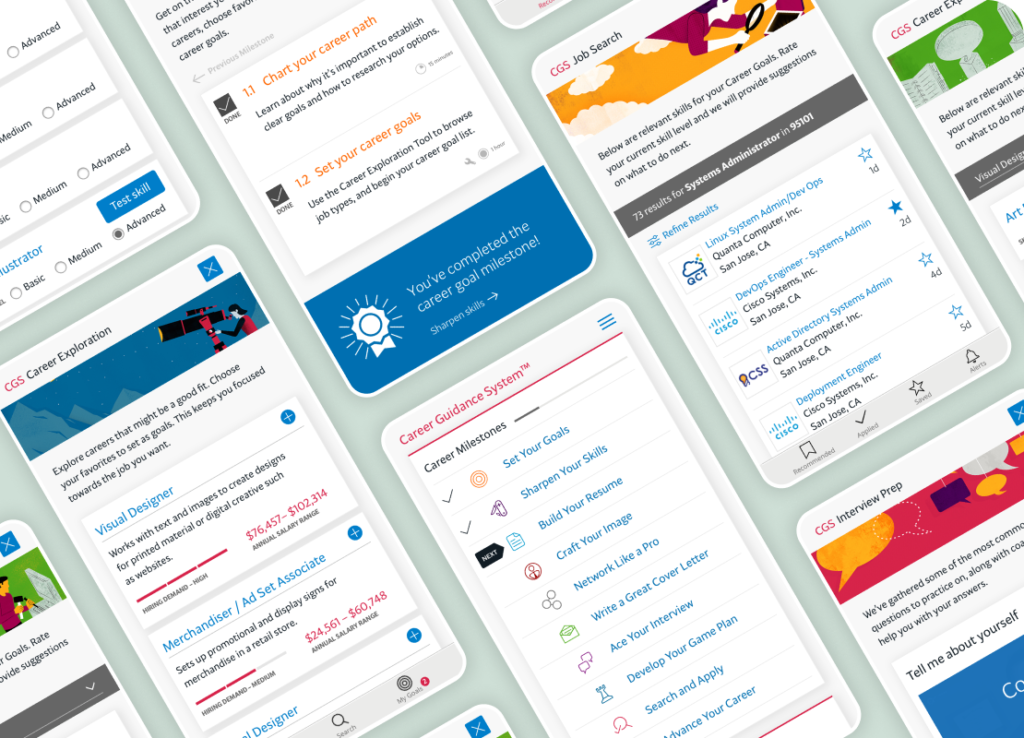 Angled grid of mobile screens with career tool pages.