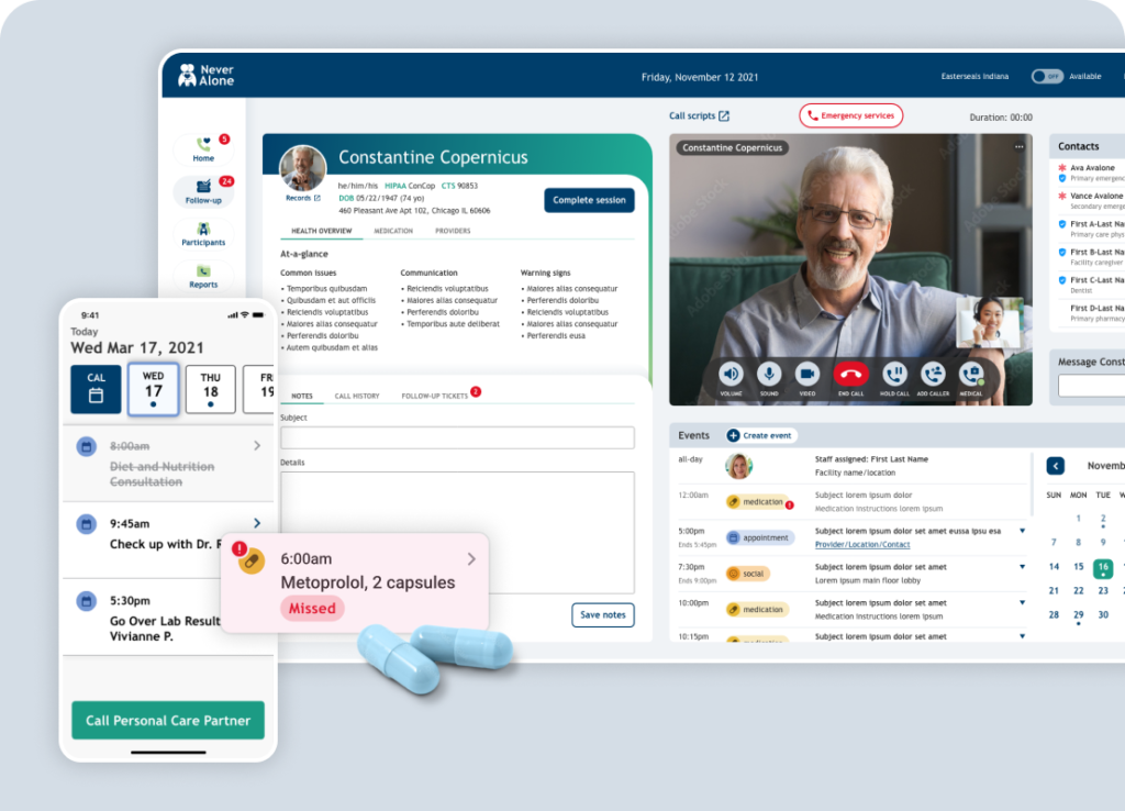 Mobile view of patient's calendar, a missed medication view with 3D capsules, and a call center layout.