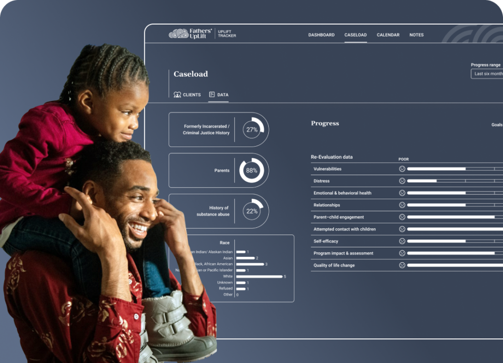 Father holding daughter, plus outlined version of a caseload data viz page