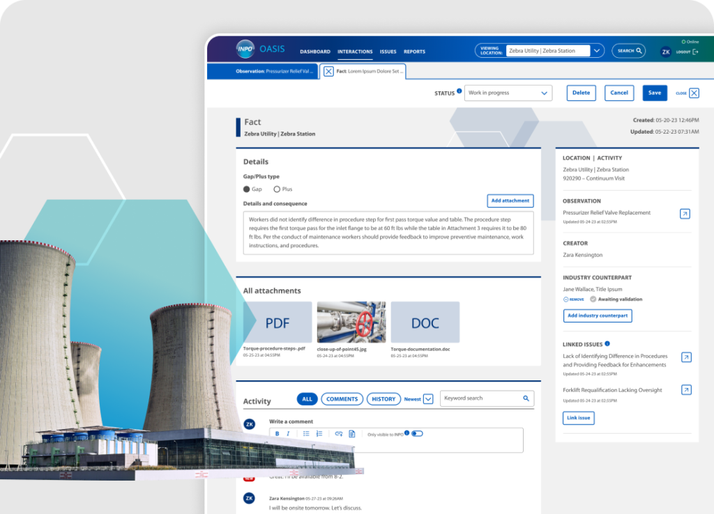 Nuclear towers agains blue hexagon, plus a prototype page for inspection details.