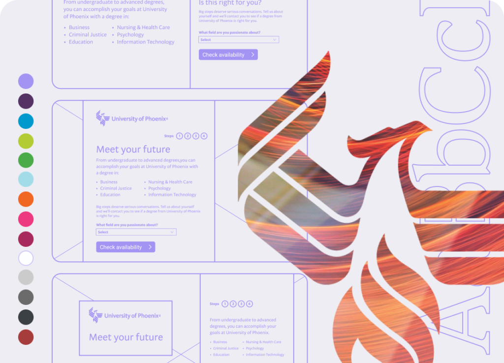 Brand collage of color palette, landing page templates, and a phoenix logomark.